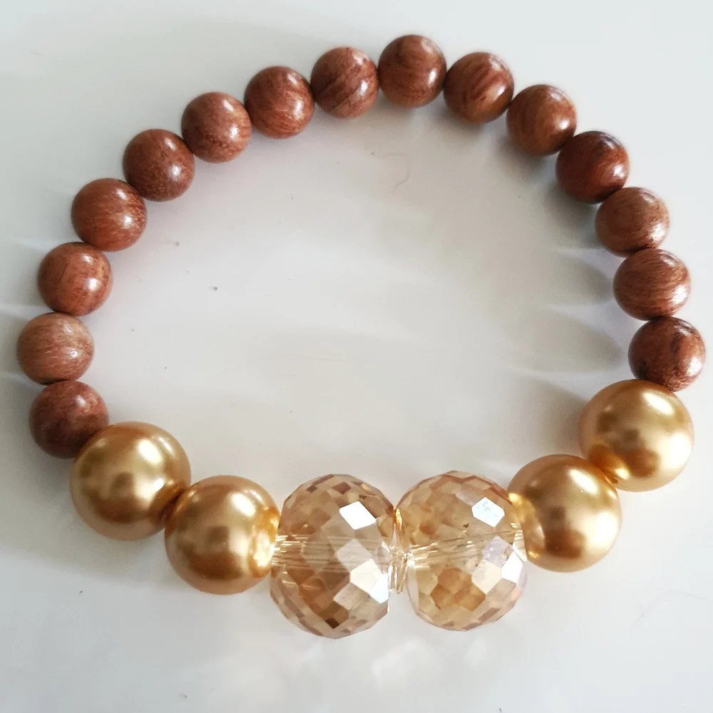 Amber Glass Rondell & Polished Wood Beads Stretch Bracelet